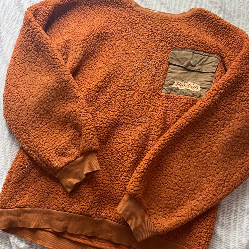 burnt orange, fuzzy sweater, PacSun logo, super comfy